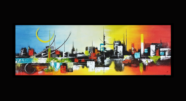 Tableau panoramique abstrait représentant une ligne d'horizon urbaine colorée sous un ciel bleu et jaune avec un croissant de lune.