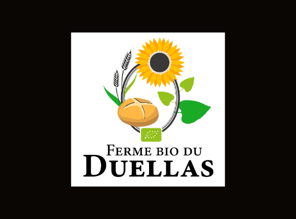 Logo officiel de la Ferme Bio du Duellas avec un tournesol, des épis de blé, un pain et le label Agriculture Biologique.